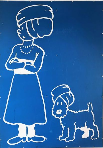 null Elément de décors illustrant Tintin et Milou en turban sur fond bleu tiré de...