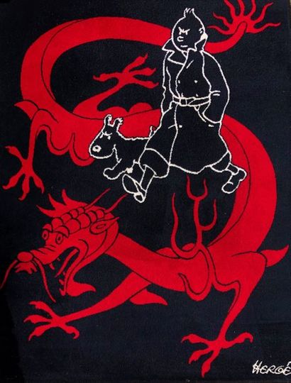 null Tintin/Axis: rare tapis en laine illustrant Tintin et Milou avec le dragon rouge...