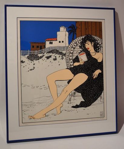 null Manara Milo. Sériegraphie illustrant une jeune femme lisant sur la plage. Signée...