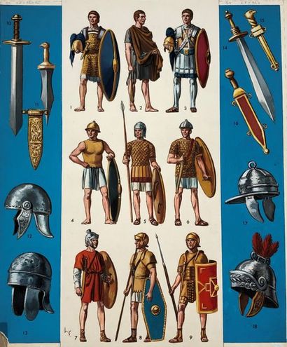 null Funcken/Le costume et les armes. Dessin original illustrant des soldats romains....