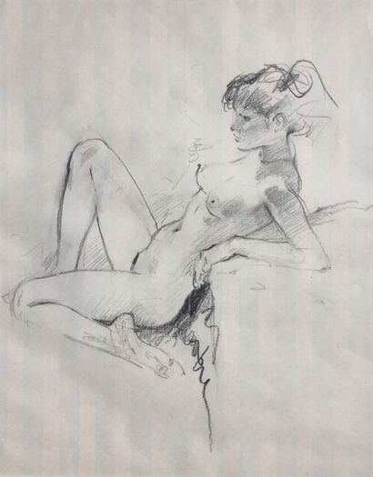 null Raymond Follet/Dessin original illustrant une femme nue assise. Mine de plomp...