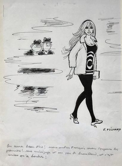null Pichard/Rire magazine. Dessin original illustrant une femme marchant dans la...