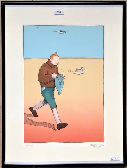 null Moebius/Hergé/Tintin. Sérigraphie illustrant Tintin et Milou marchant dans le...