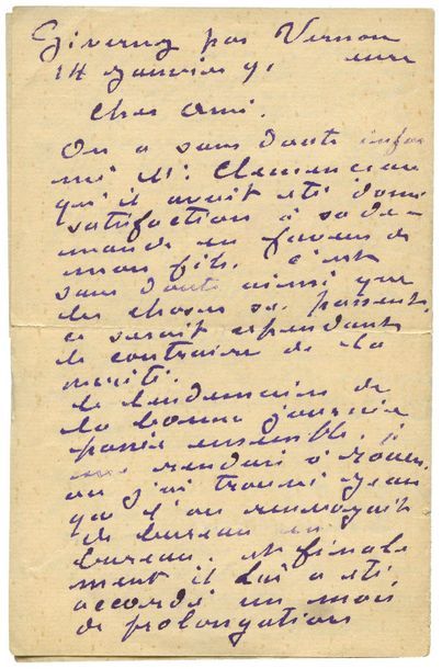 Claude Monet Lettre autographe signée adressée à Gustave Geffroy. « Giverny par Vernon,... Gazette Drouot
