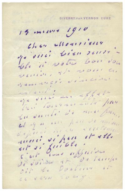 Claude Monet Lettre autographe signée adressée à « cher Monsieur ». Giverny, le 19... Gazette Drouot