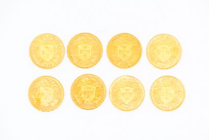 LOT de huit pièces de 20 francs suisse 1915/1927/1935/1947

Poids...