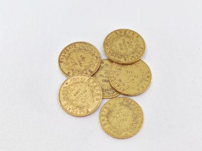 null LOT de six pièces de 20 francs or NAPOLEON III 

1854/A, 1855/A, 1856/A, 1858/A

Poids...
