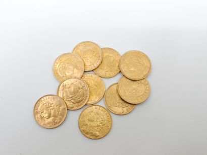 null LOT of 10 pieces 20 Swiss francs gold 
weight : 64,51 g