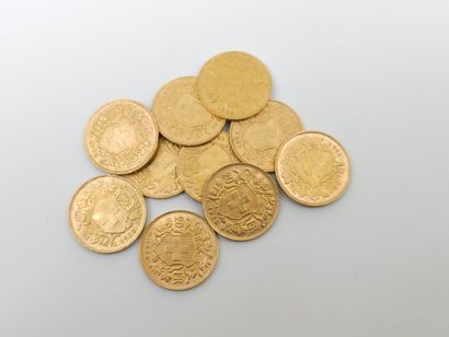 LOT de 10 pieces 20 francs suisse or 
Années...