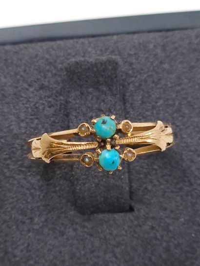null French work, end of the 19th century 
Pink gold ring 750° decorated with turquoise...