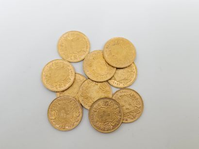LOT de 10 pièces 20 francs suisse en or 
Années...