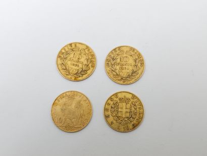 null LOT DE QUATRE PIECES en or comprenant : 
Pièce de 10 francs Napoléon III 1864/BB
Pièce...