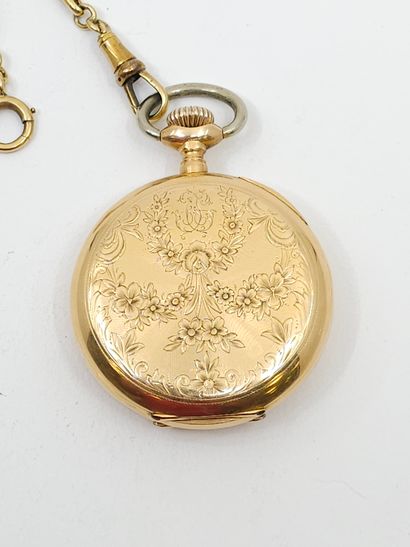 null OMEGA
Pocket watch in 750° yellow gold, white enamel dial with Arabic numerals,...