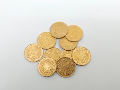 LOT de 10 pièces 20 francs suisse or 
Poids...