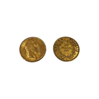 DEUX pièces 20 francs or Napoléon 
1861/A
1857/A
Poids...
