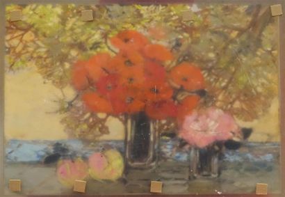 null MICHEL-HENRY (1928-2016).
Vases de fleurs et pommes dans un paysage
Huile sur...