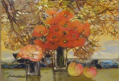 null MICHEL-HENRY (1928-2016).
Vases de fleurs et pommes dans un paysage
Huile sur...