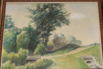null Antide HENRY (1877-1959).
Paysages verdoyants
Trois pastels sur papier, signés,...