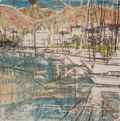 null MICHEL-HENRY (1928-2016).
Marina
Panneau de stuc peint et gravé à la pointe...