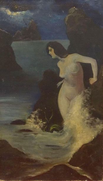 null Antide HENRY (1877-1959).
Femme nue au crépuscule, adossée à un rocher 
Huile...