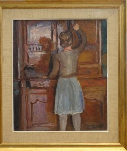 null Pierre DEVAL (1897-1993).
Henriette devant le buffet - Paysage
Huile sur panneau,...