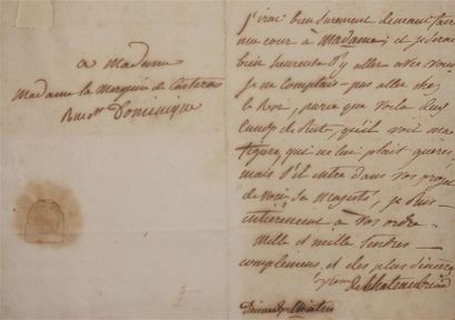  CHATEAUBRIAND François-René de. Lettre autographe signée à la marquise de Casteras....