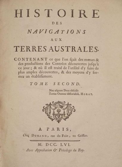 null [Brosses Président Charles de]. Histoires des navigations aux terres Australes,...