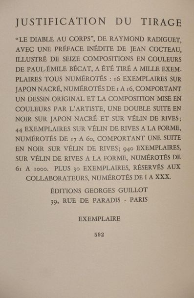 null RADIGUET Raymond. Le Diable au corps. Roman. Paris, G. Guillot, 1957 ; fort...