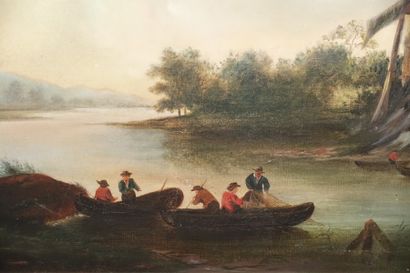 null École hollandaise, fin du XIXe siècle.
Moulin et pêcheurs au bord d'un fleuve.
Huile...