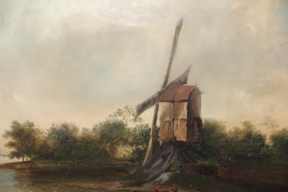 null École hollandaise, fin du XIXe siècle.
Moulin et pêcheurs au bord d'un fleuve.
Huile...