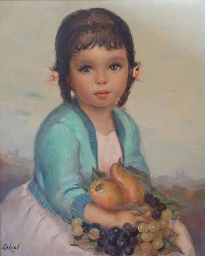 null Rufino CEBAL (1907-1970).
Fillette aux fruits.
Huile sur toile, signée en bas...