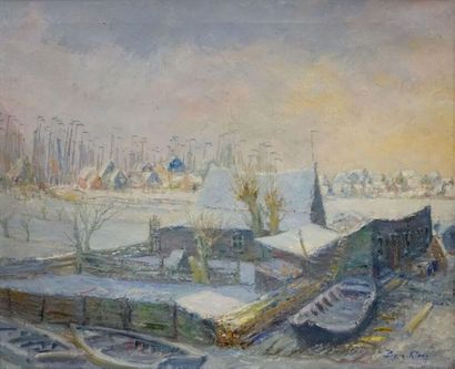 null Hendricus BERN-KLENE (1870-1930).
Barques en hiver.
Huile sur toile, signée...