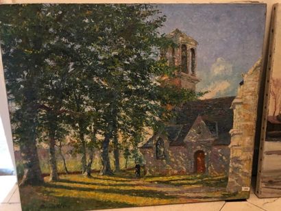 null Hendricus BERN-KLENE (1870-1930).
Église à l'ombre des arbres.
Huile sur toile,...