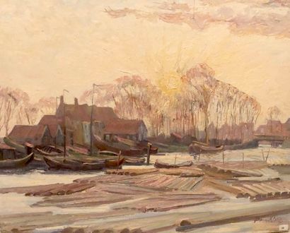 null Hendricus BERN-KLENE (1870-1930).
Rivière en automne.
Huile sur toile, signée...