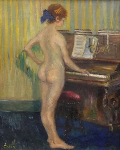 null Hendricus BERN-KLENE (1870-1930).
Jeune fille nue devant un piano.
Huile sur...