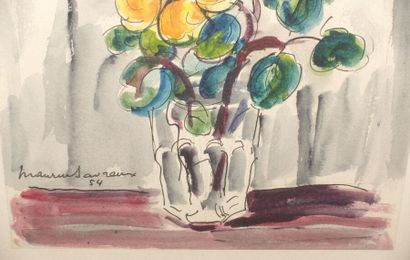 null Maurice SAVREUX (1884-1971).
Bouquet de fleurs dans un vase.
Aquarelle et encre,...