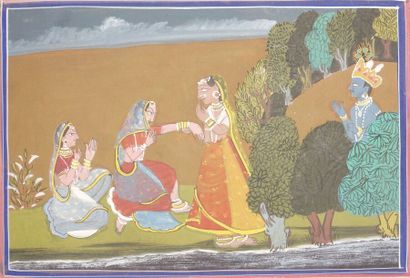 null INDE.
Paysage avec Krishna.
Gouache.
Haut. : 18 cm ; Larg. : 25 cm.
Encadrée,...
