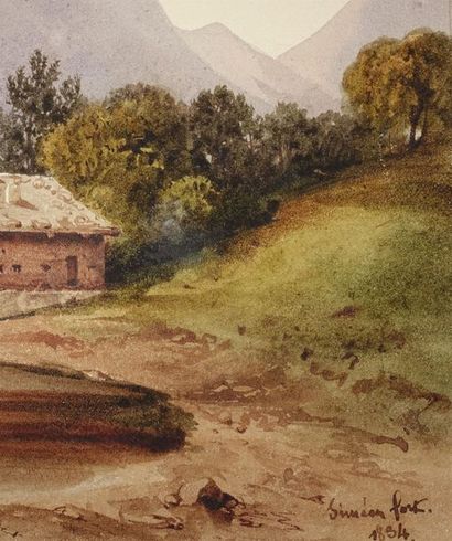 null Jean-Antoine-Siméon FORT (1793-1861).
Barque à voile dans un paysage de montagnes.
Aquarelle,...