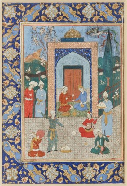 null Scène de délassement, Iran, style Safavide, début du XXe siècle. 
Gouache collée...