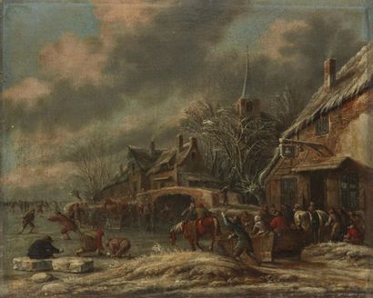 null Thomas HEEREMANS (Haarlem vers 1640-1697).
Patineurs sur une rivière gelée.
Toile...