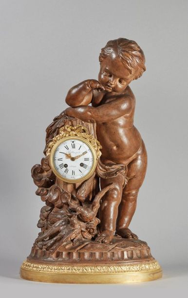 null Louis SAUVAGEAU (1822-après 1885).
Pendule en terre cuite sculptée et patinée...