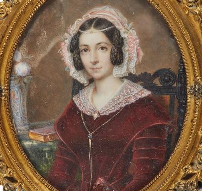 null Jean-Baptiste-Désiré TROIVAUX (1788-1860).
Portrait de dame à la robe violine.
Miniature...