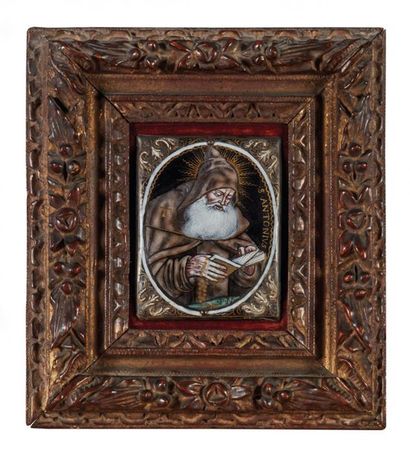 null Plaque en émail peint à décor polychrome et or d'un portrait de saint Antoine,...