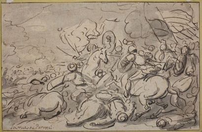 null Charles PARROCEL (Paris 1688-1752).
Choc de cavalerie.
Plume et encre noire,...