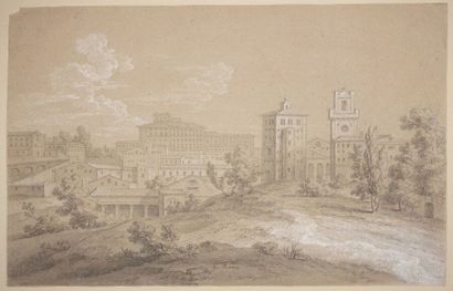 null École française du XIXe siècle.
Vue de Rome.
Pierre noire et rehauts de craie...