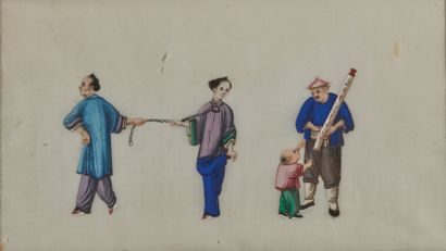 null CHINE, Canton - Vers 1900.
Ensemble de sept gouaches sur papier de riz représentant...