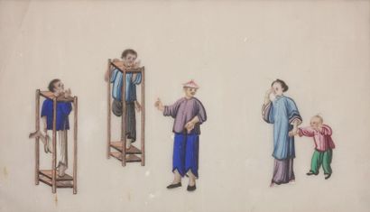null CHINE, Canton - Vers 1900.
Ensemble de sept gouaches sur papier de riz représentant...