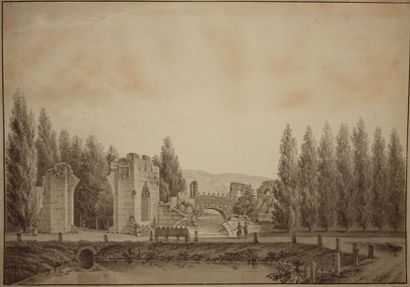 null Wilhelm Adam THIERRY (1761-1823).
Paysage de ruines animées.
Encre et lavis...