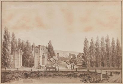 null Wilhelm Adam THIERRY (1761-1823).
Paysage de ruines animées.
Encre et lavis...