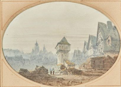 null Eugène CICÉRI (1813-1890).
Personnages devant une ville médiévale.
Gouache ovale,...